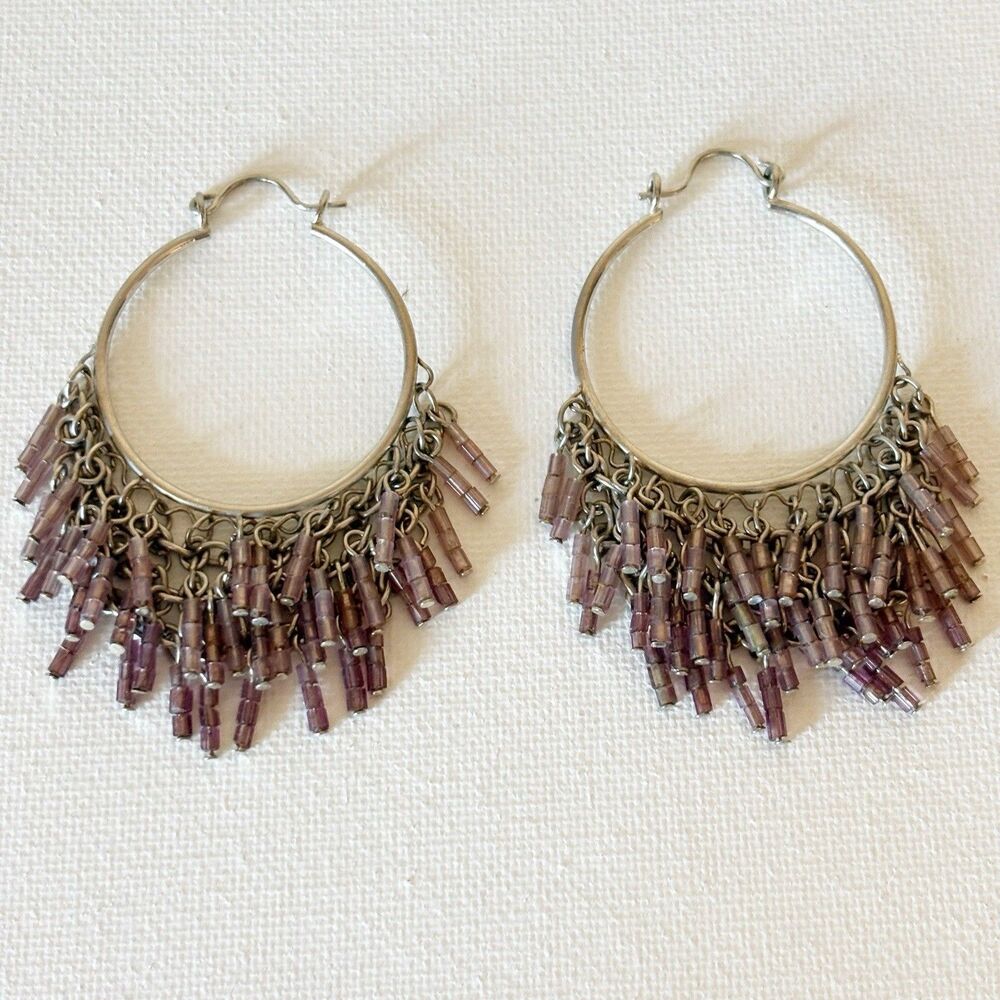 Dangle Beaded Fringe Earrings Light Purple Silver Tone BOHO Bollywood
